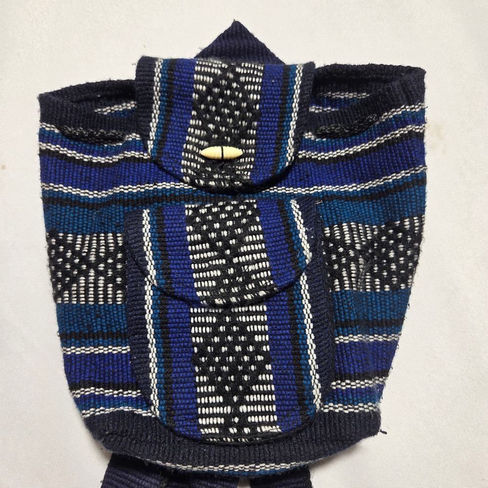 Boho Handwoven Mini Backpack Blue Striped Woven Festival Small Rucksack Bag - Picture 2 of 8
